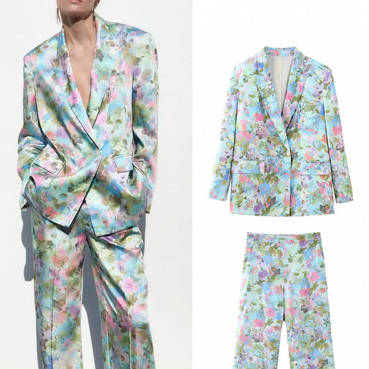 Glossy Silk Satin Texture Shirt Bright Trim Mid-waist Wide Leg Pant Suit